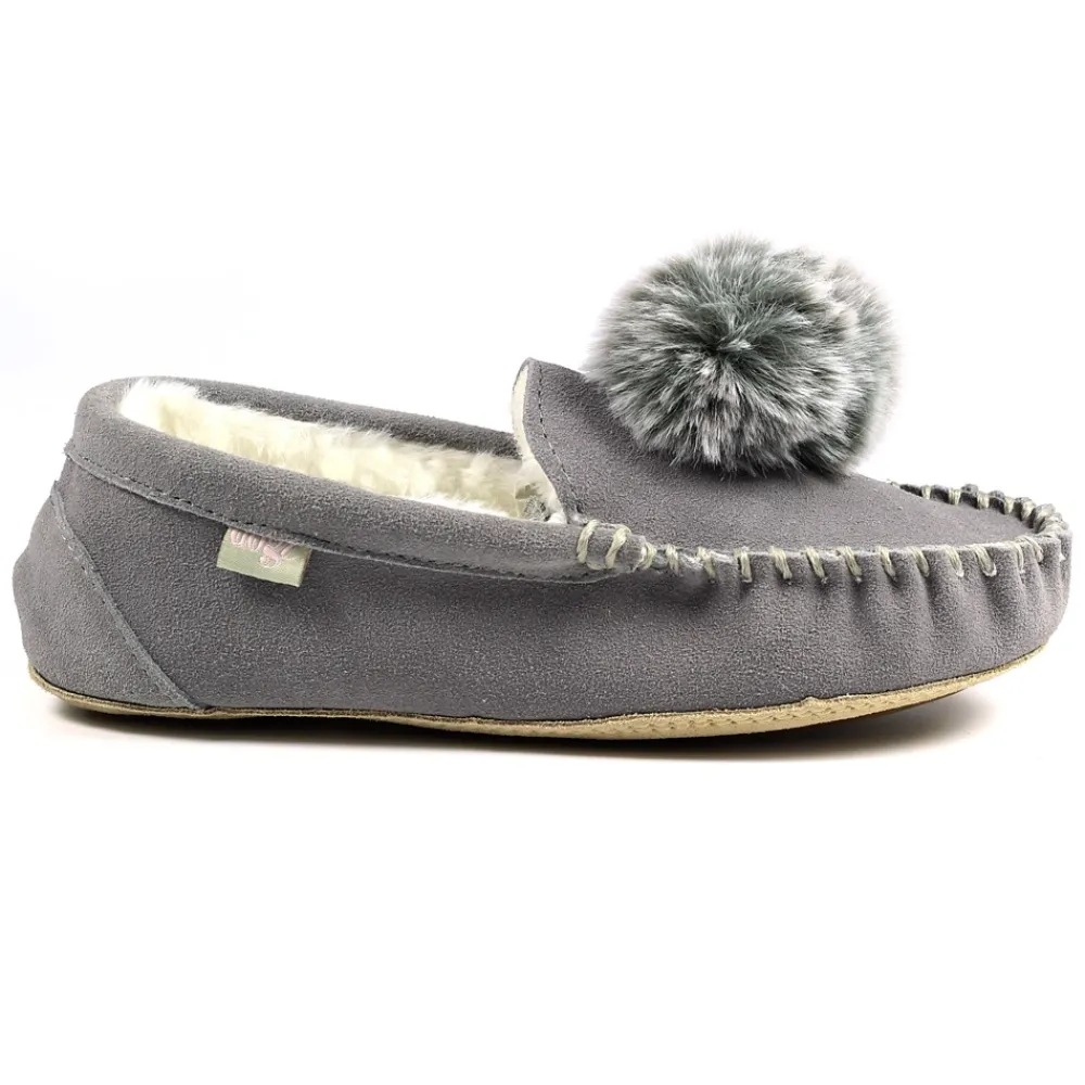 Lunar Shoes Babouche Bessie en daim gris-Femme Chaussons Pour Femmes | Mocassin