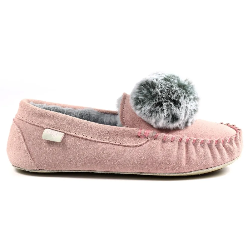 Lunar Shoes Babouche Bessie en daim rose-Femme Chaussons Pour Femmes | Mocassin