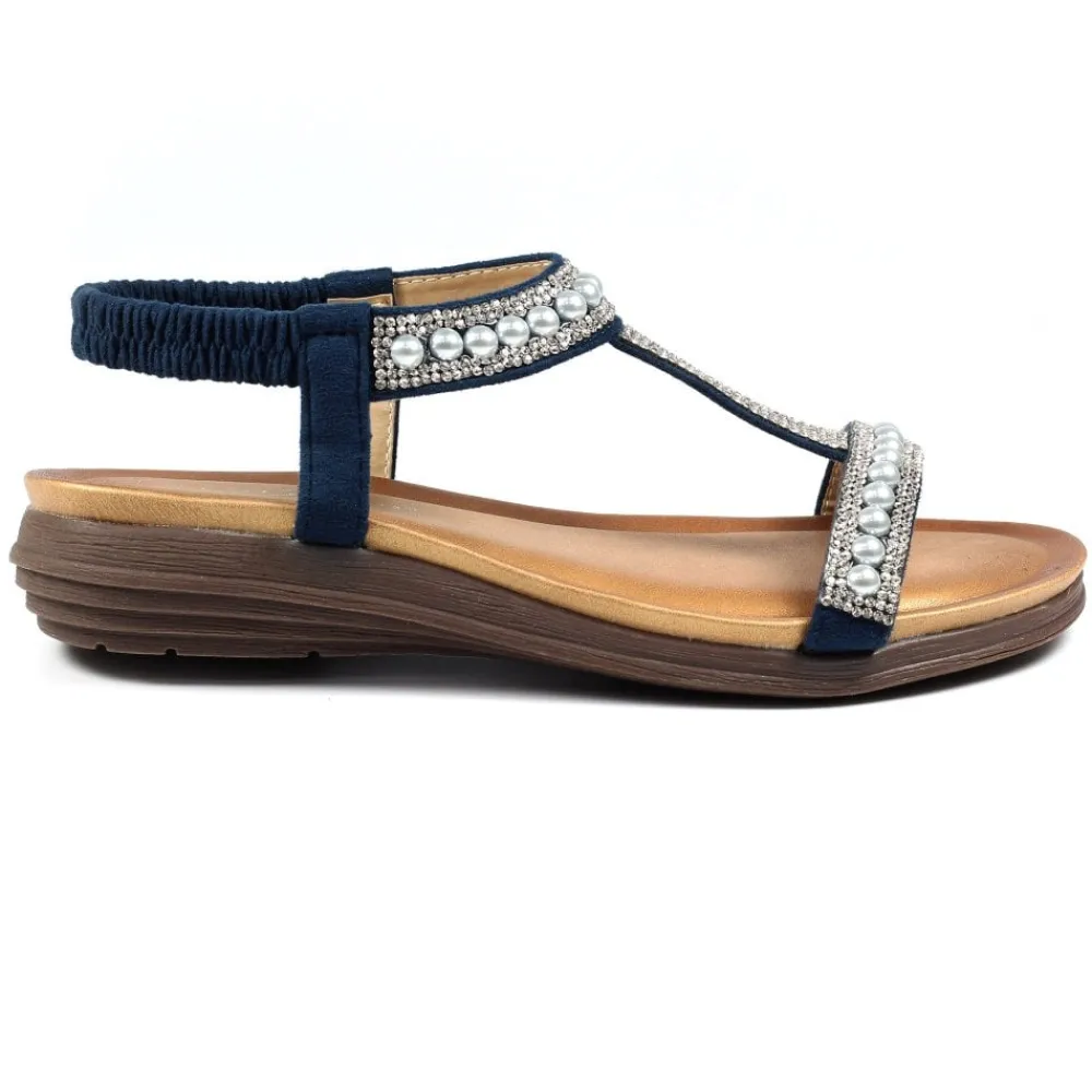 Lunar Shoes Sandale Tancy Perles Bleues- Élastique | Barre En T