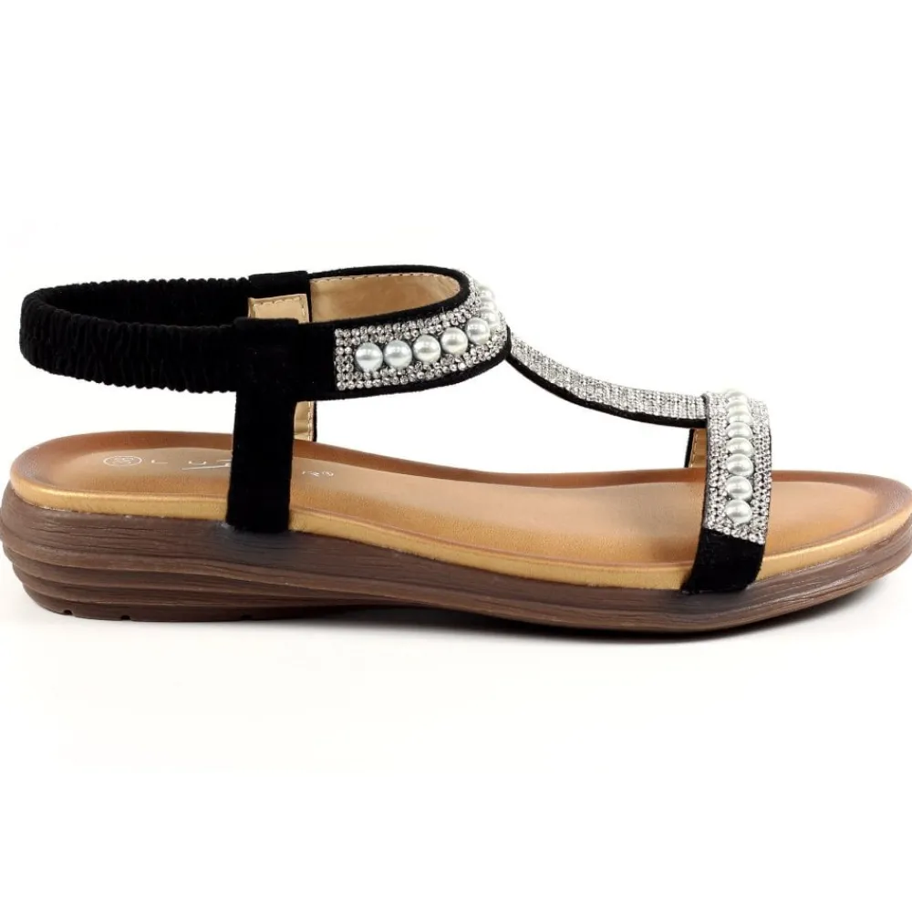 Lunar Shoes Sandale Tancy Perles Noires- Élastique | Barre En T